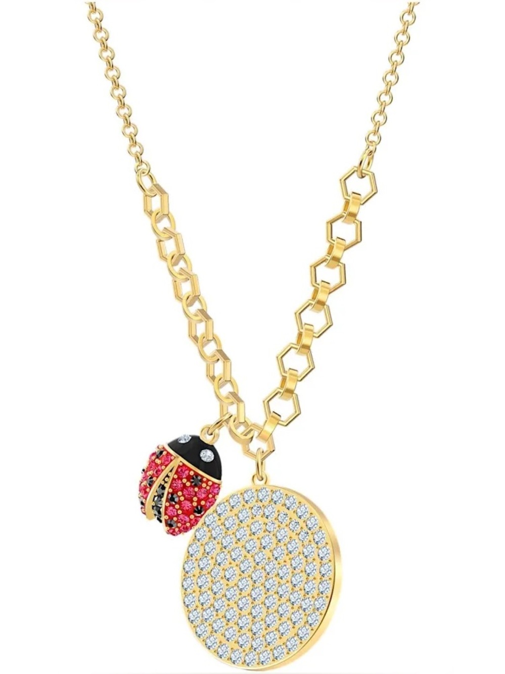 Swarovski Gold-Tone Pavé Disc Necklace with Ladybug Charm